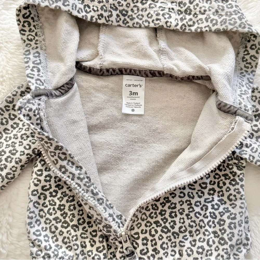 Carter’s Hooded Leopard Zip-Up Jumpsuit Gray Size 3 Months